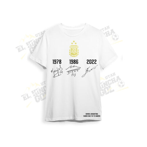 T-shirt Selección Argentina  - Autógrafo 3 Campeones del mundo - Kempes Maradona Messi