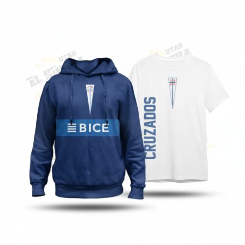 Pack Universidad Católica – Hoodie Azul Navy + T-Shirt Blanca