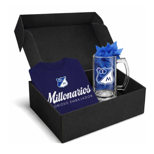 Box Millonarios FC – T-shirt Azul Navy + Vaso Cervecero | El Glorioso Embajador