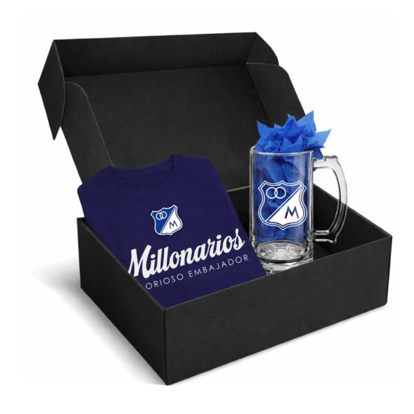 Box Millonarios FC – T-shirt Azul Navy + Vaso Cervecero | El Glorioso Embajador